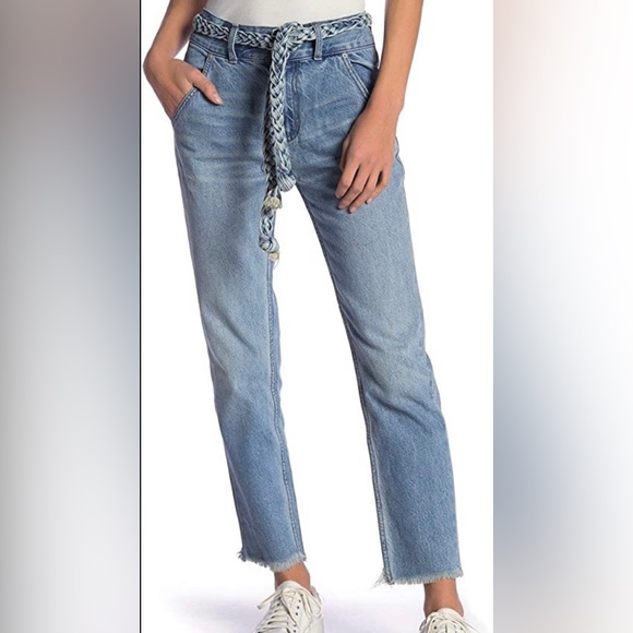 NWT Free People Jeans | Hi & Belted Straight Leg Jeans High Rise Raw Hem Size 27 - Picture 4 of 6
